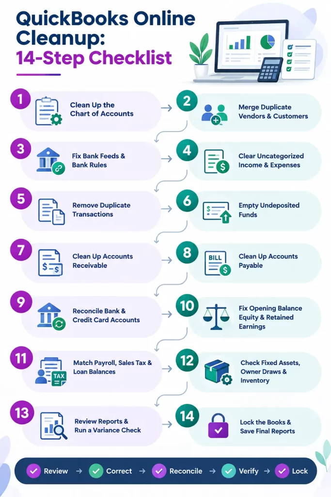 QuickBooks Online cleanup 14-step checklist for fixing messy books